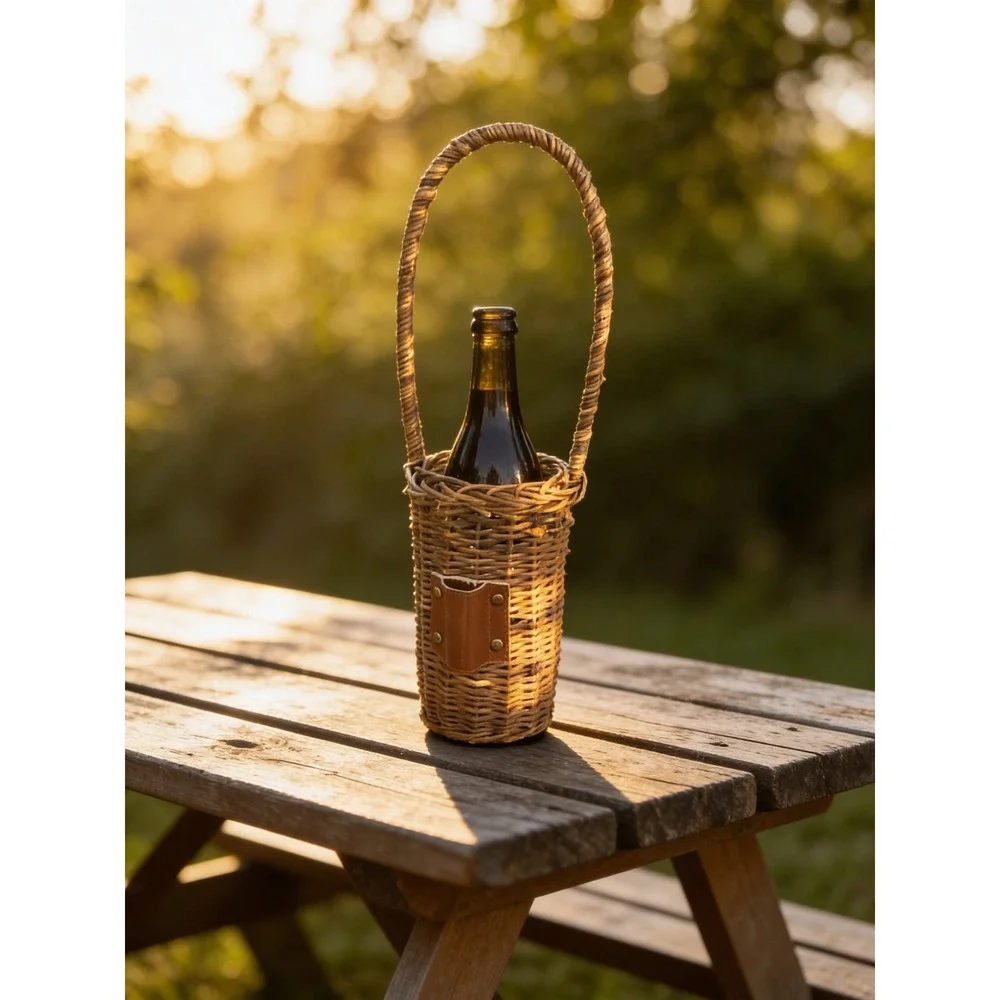 Vintage Woven Wicker Wine Bottle Basket Carrier with Handle Brown 17x5x5